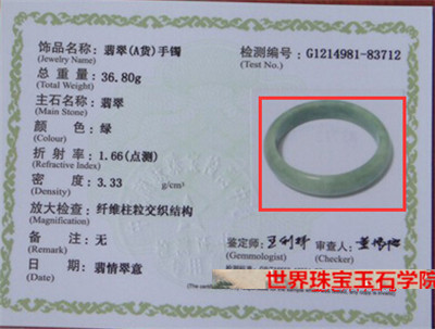 根据翡翠鉴定证书的数据判断翡翠饰品真假的方法