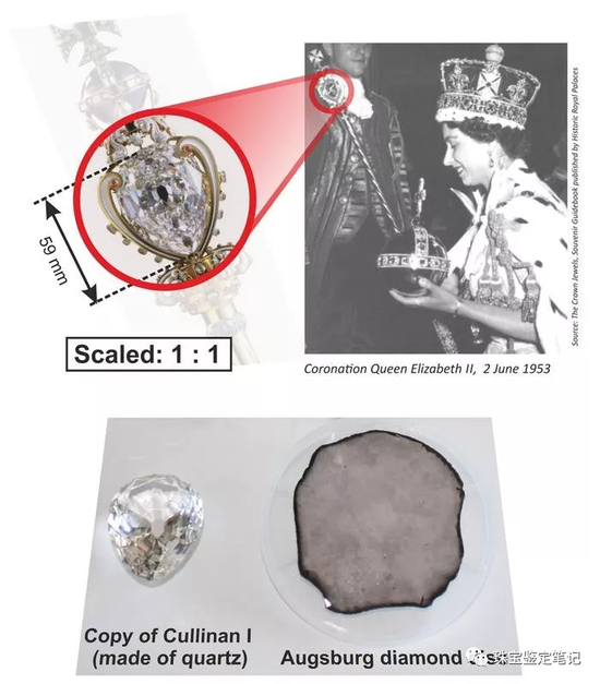 图2、英女王权杖顶部的库里南Ⅰ号又名“非洲之星”，重量530.02ct，它是世界上最大的成品天然钻石。可以看到奥格斯堡大学的合成钻石直径比库里南Ⅰ号（复制品）还大。